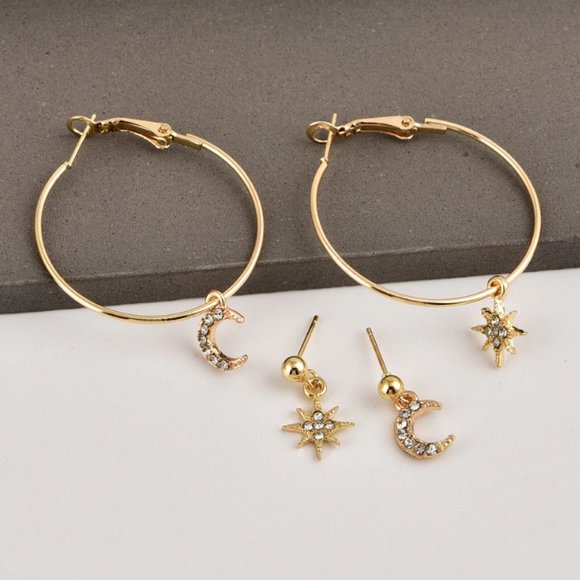 Gold Star Moon Stud & Hoop Earrings Set - Picture 3 of 6